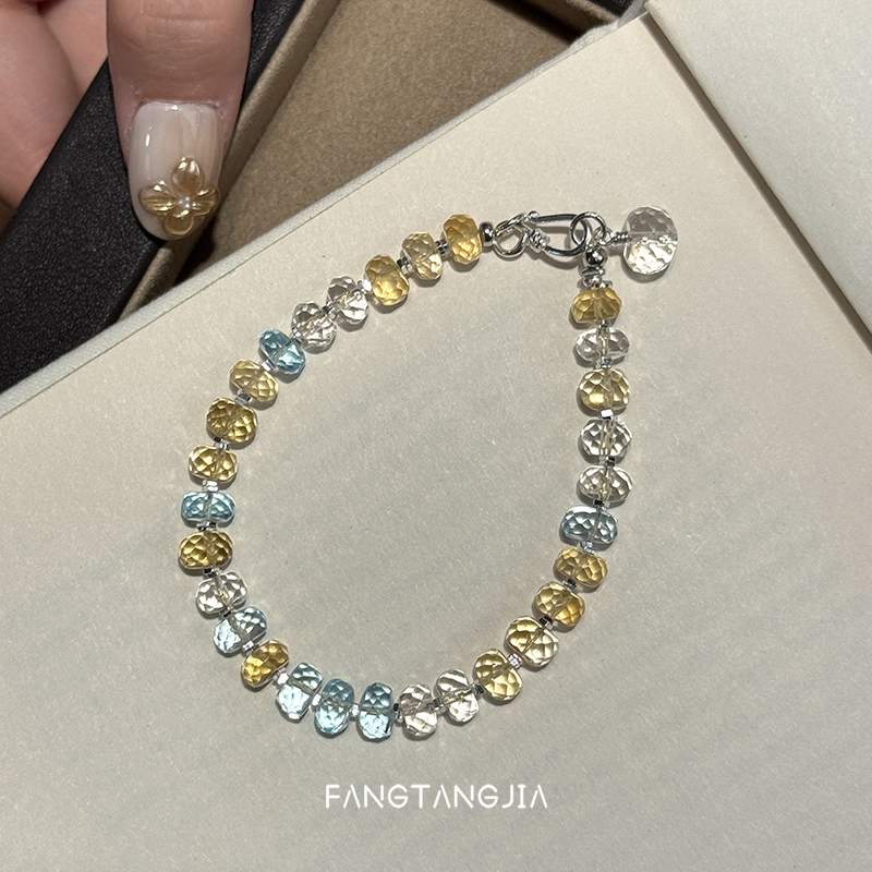 方糖家天然黄水晶托帕石纯银手串