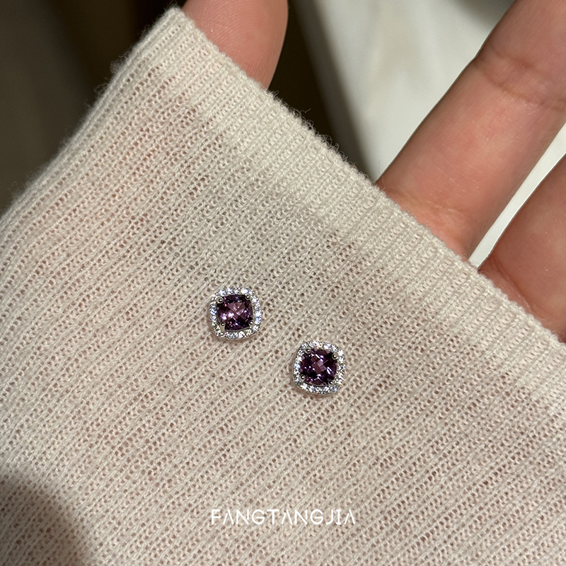 方糖家纯银天然紫水晶方糖耳钉