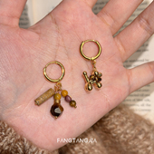 方糖家 复古不对称虎眼石小狗流苏圈圈耳扣2025新款 适合冬天耳环