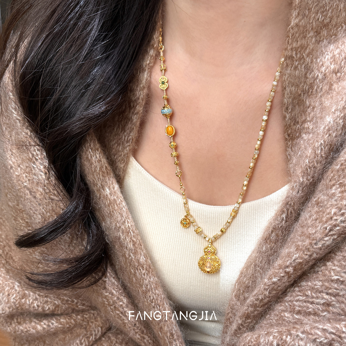 方糖家 原创多宝蜜蜡翡翠水沫玉古法葫芦项链新年高级感毛衣链女