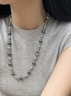 倪妮大溪地深灰色混彩珍珠项链女