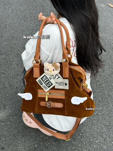 Kaka原创美拉德天使kitty托特包复古棕色鹿皮绒质感甜辣妹斜挎包