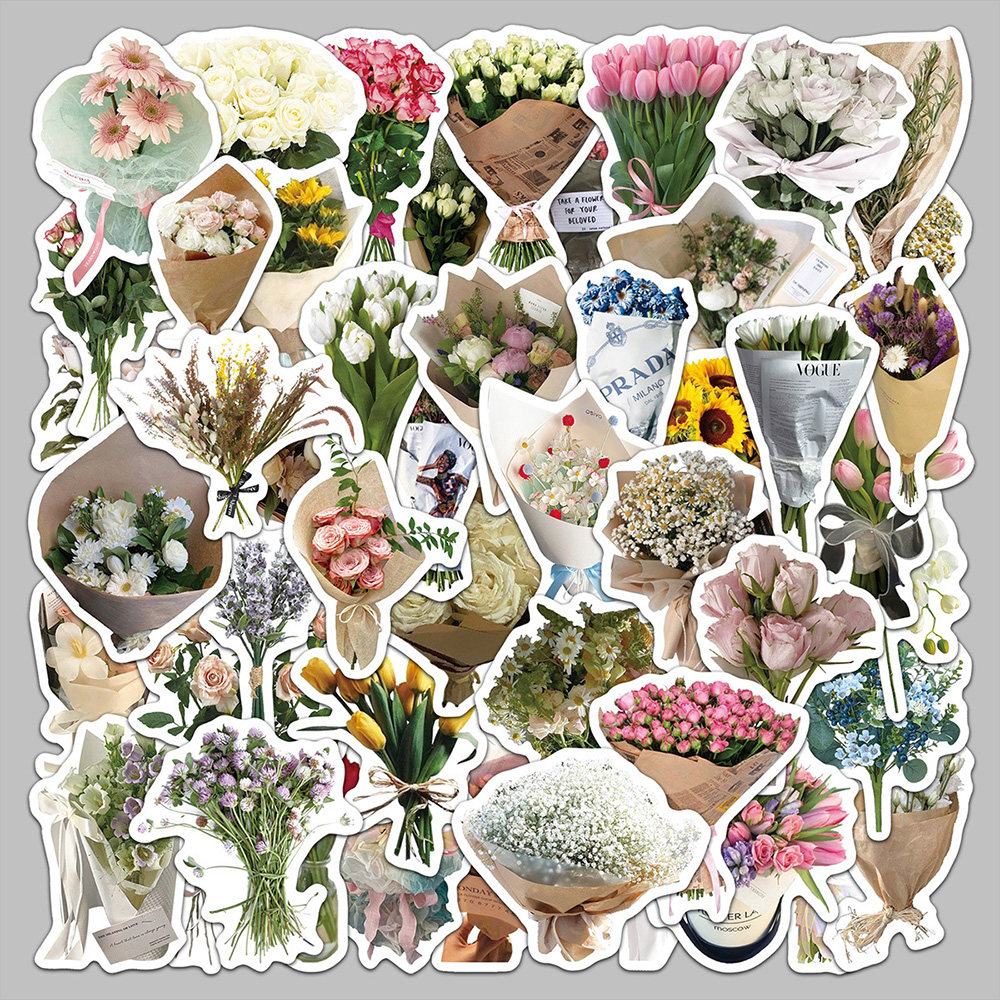 100张花束贴纸ins可爱少女心精致创意仿真diy装饰手账笔记本贴画