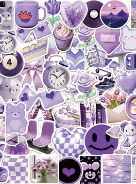 112张ins风紫色小物件贴纸高颜值梦幻装饰手账素材防水贴画电脑