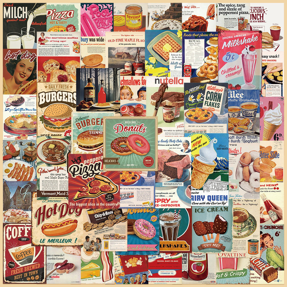 100张美式复古食物海报贴纸ins高颜值文艺创意涂鸦手账本素材贴画