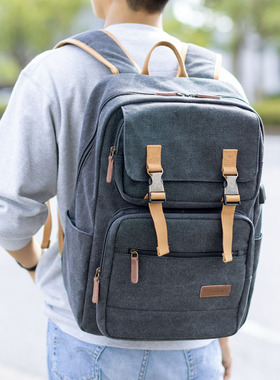 日本Sanwa Supply山业帆布双肩背包多功能16.4英寸笔记本电脑包时尚复古休闲旅行背包大容量男女通用USB充电
