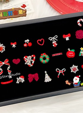 秋冬新款蝴蝶结红色圣诞树耳钉女养耳洞耳蜗钉医用钛钢耳骨钉耳环