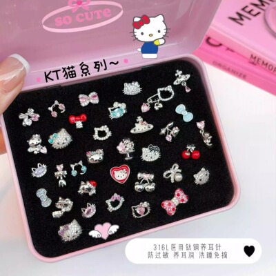 可爱少女KT猫蝴蝶结耳骨钉医用钛钢防过敏养耳洞耳蜗钉免摘耳钉女
