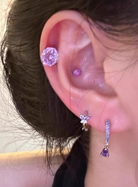 紫色玫瑰切锆石耳钉蝴蝶耳扣水滴医用钛钢耳骨钉养耳洞耳蜗钉女