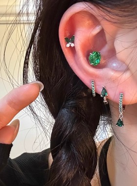 绿色烟花锆石蝴蝶耳钉满钻耳圈医用钛钢耳骨钉养耳洞免摘耳饰女夏