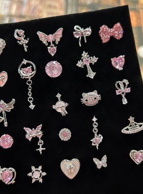 少女心粉色蝴蝶耳钉女防过敏钛钢耳骨钉平底免摘耳蜗钉高级感耳饰