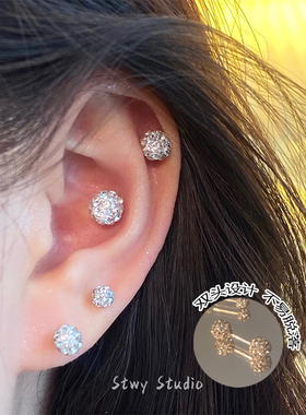 S925纯银针养耳洞耳钉女带钻耳蜗钉双头小众设计耳骨钉高级感耳饰