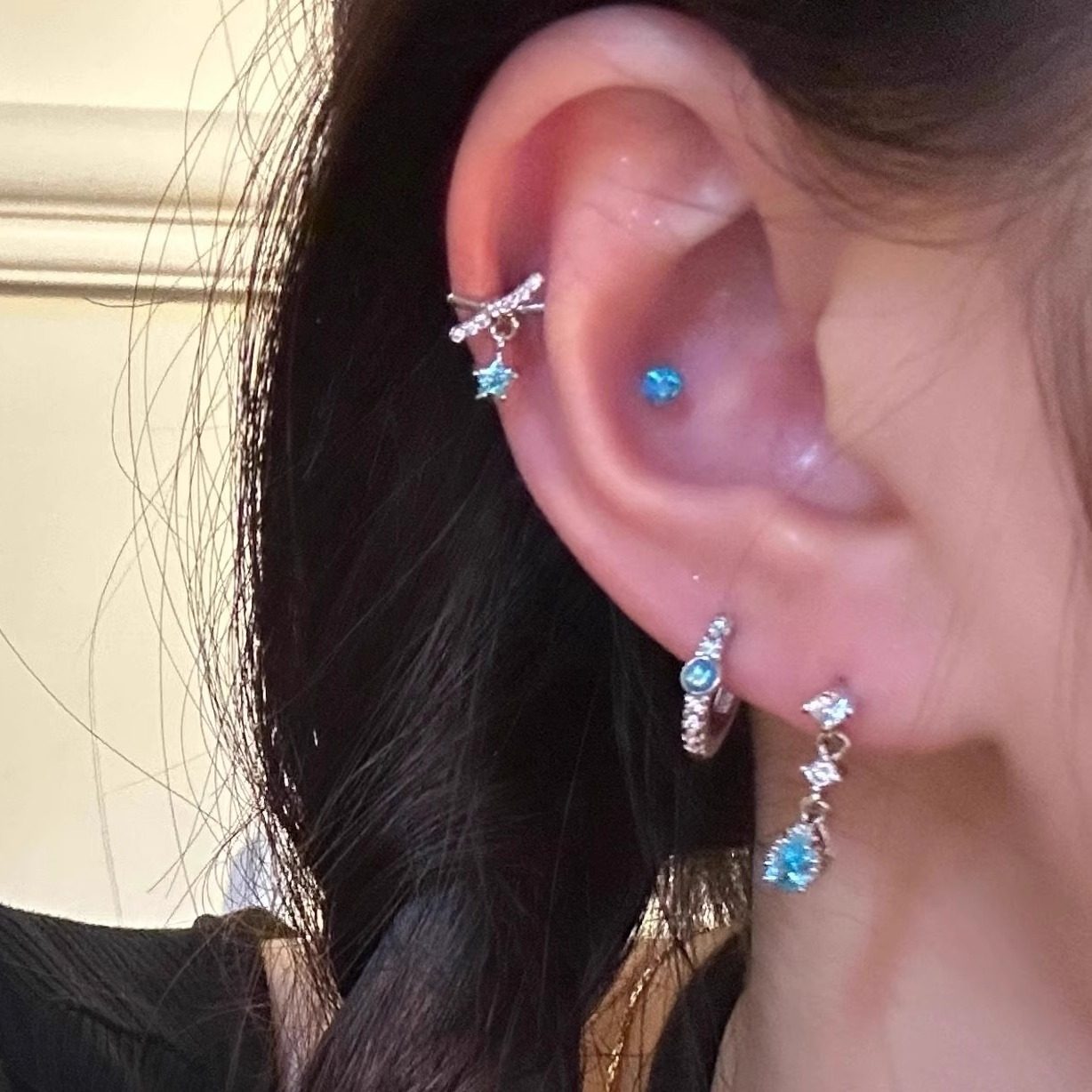 蓝色锆石水滴吊坠耳圈澳宝医用钛钢耳骨钉养耳洞睡觉免摘耳蜗钉女,饰品/流行首饰/时尚饰品新,耳环,淘宝优惠券,粉丝福利购,淘宝优惠卷