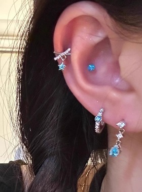 蓝色锆石水滴吊坠耳圈澳宝医用钛钢耳骨钉养耳洞睡觉免摘耳蜗钉女