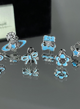 清新可爱蓝色小熊蝴蝶结耳骨钉免摘医用钛钢耳蜗钉防过敏耳钉女