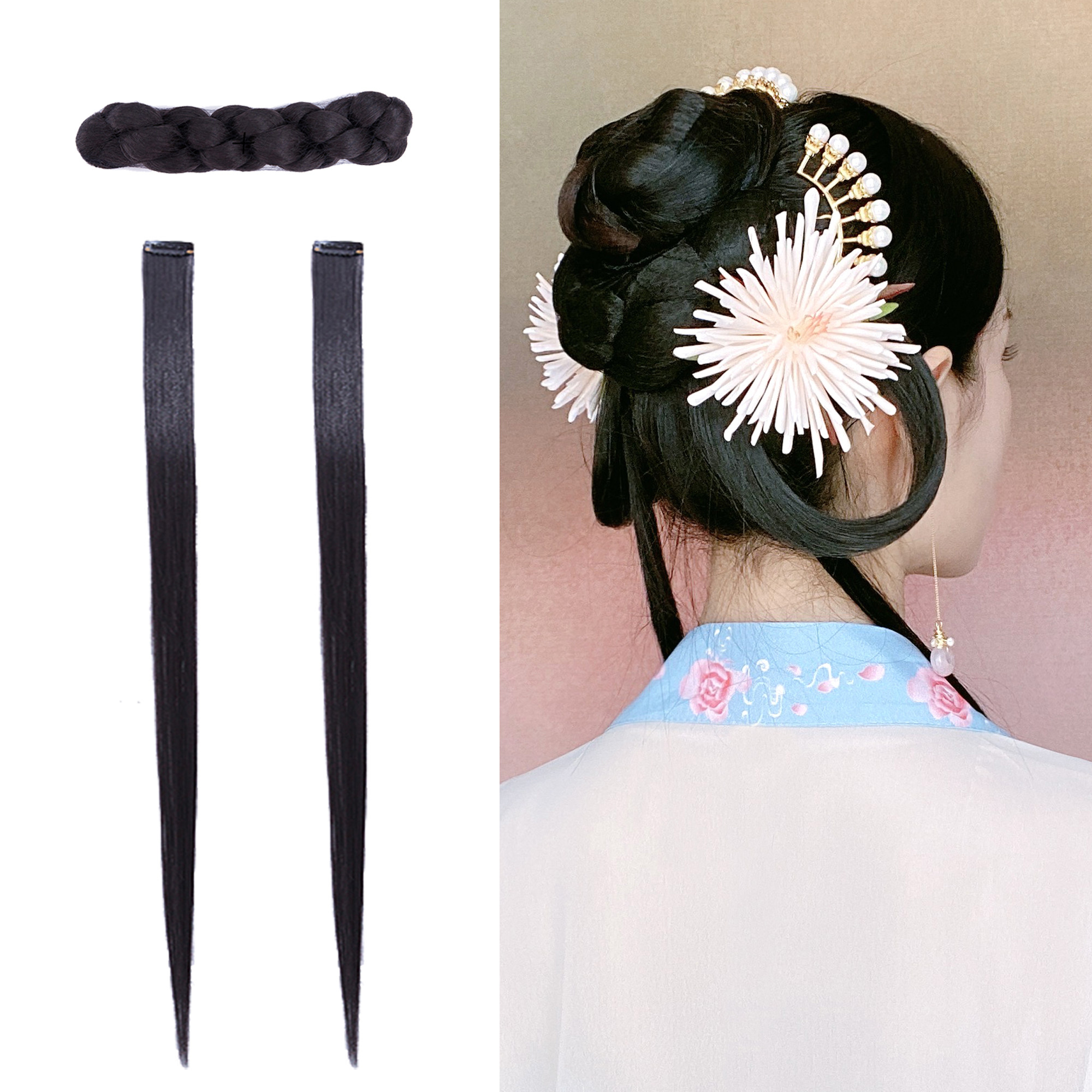 记川国风 原创蟹爪菊发夹排簪直发片麻花包明宋发型套餐