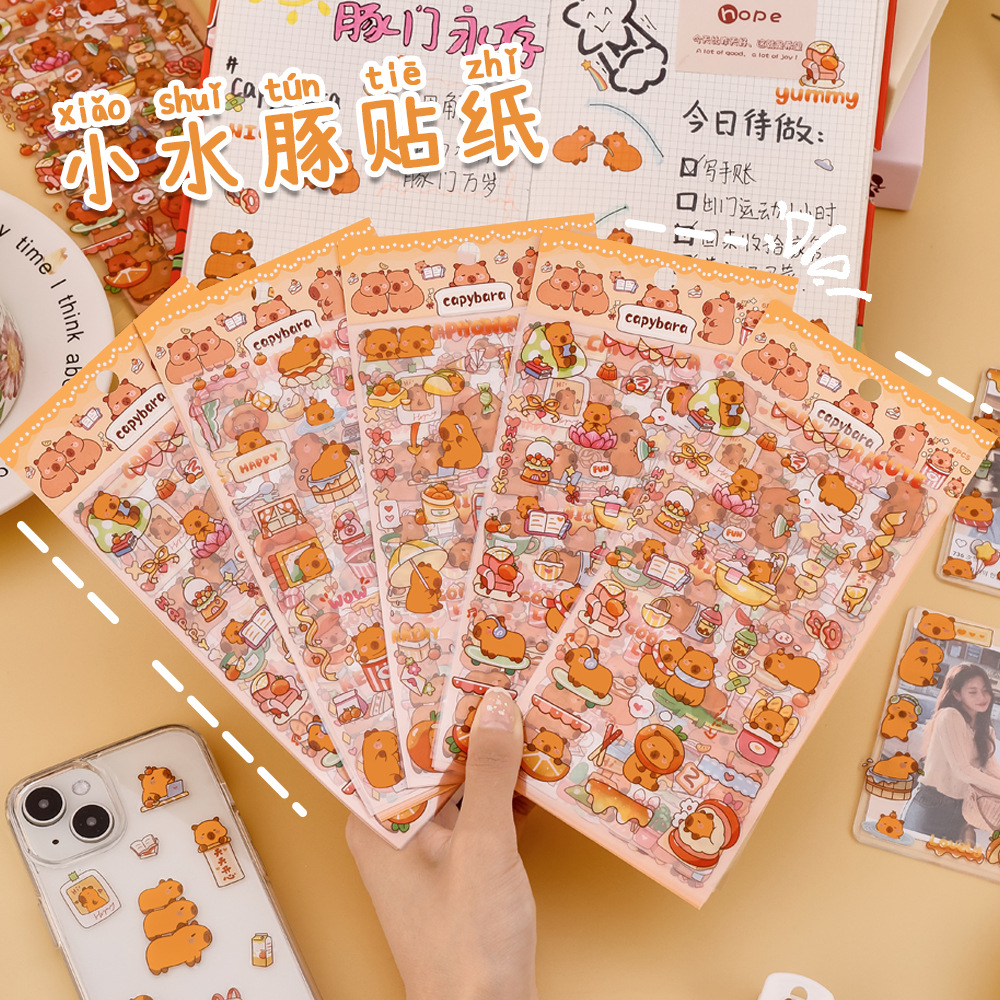学生可爱手账装饰素材卡通水豚手机壳DIY小贴画 卡皮巴拉PET贴纸