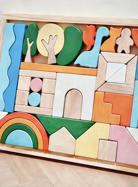 实木彩虹几何积木形状认知创意拼搭叠叠高儿童益智早教开放型玩具