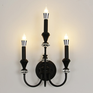 法式中古风壁灯美式复古简约黑色水晶蜡烛壁灯南洋风客厅铁艺灯具