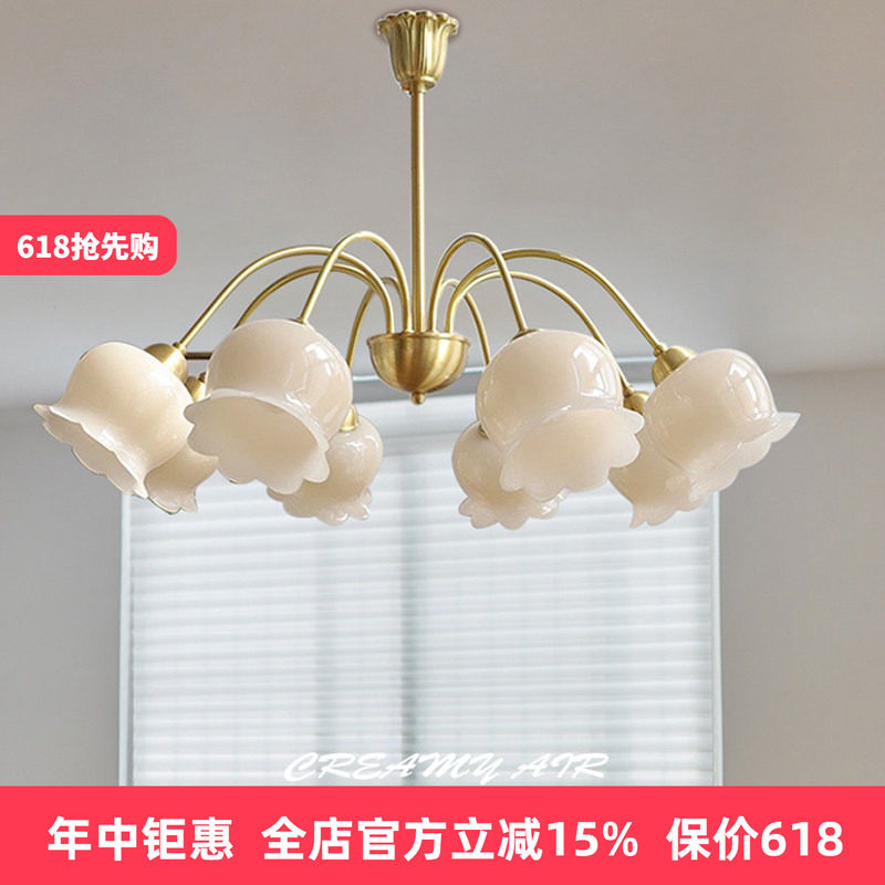 全铜法式田园花朵吊灯奶油风复古轻奢树脂灯客厅餐厅卧室全铜吊灯