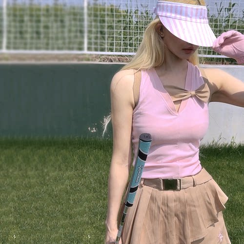 QLeo原创潮牌高尔夫服装女无袖粉色背心速干马甲网球服半身百褶裙