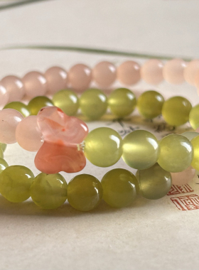 【春意阑珊】青粉岫玉冰飘南红双圈手串 珠径6 +