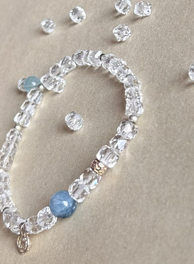 天然白水晶净体方糖单圈手串4.5mm手串 海蓝宝 925银镀金简约韩版