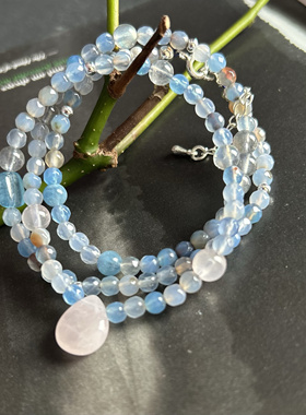 月光下的海  灰月光石海南宝蓝玛瑙粉晶925银扣头项链50 cm