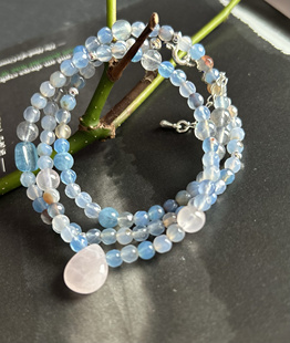 月光下的海  灰月光石海南宝蓝玛瑙粉晶925银扣头项链50 cm