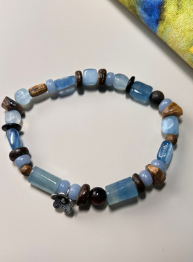 《海岛》系列 达拉干沉香海蓝宝天然石足银配饰韩版手链简约随性