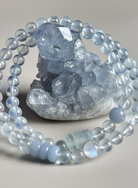 售罄仅欣赏天然蓝天使净透冰川蓝海蓝宝蓝月光石手链女款双圈