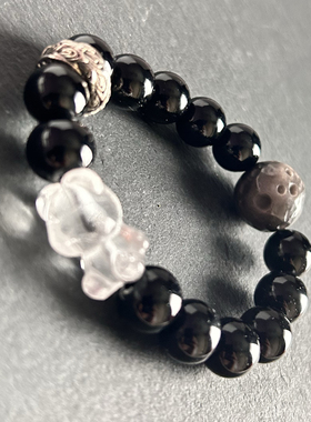 它的星球  收藏级天然黑曜石银耀陨石配珠白水晶熊宝女款甜酷手链