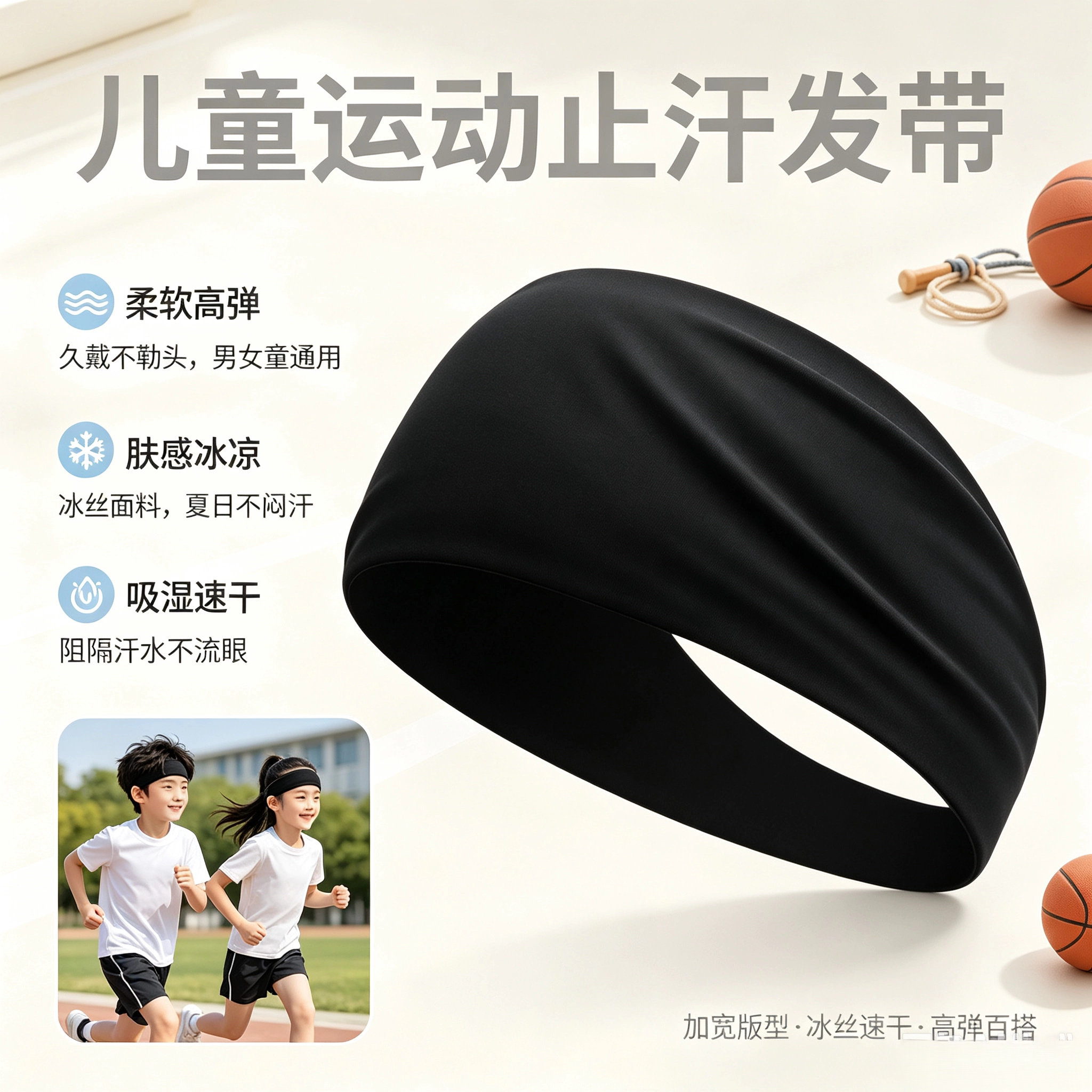 儿童运动发带止汗带吸汗运动速干加宽边头巾男女童女童不勒头时尚