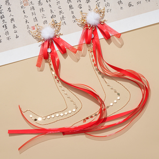 国风蝴蝶结对夹古风汉服头饰水貂毛球发夹后压长飘带成人儿童发饰