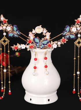 原创头饰汉服烧蓝发饰流苏步摇凤冠珍珠蝴蝶景泰蓝全套装合金发簪