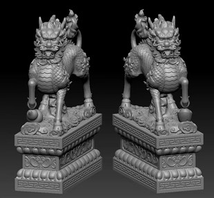 石雕麒麟stl圆雕图3d高面数模型源文件obj格式