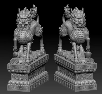 石雕麒麟stl圆雕图3d高面数模型源文件obj格式