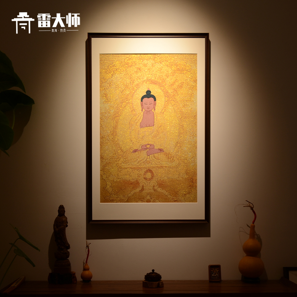 刺绣阿弥陀佛唐卡装饰画茶室玄关客厅背景墙挂画沙发餐厅实木装裱