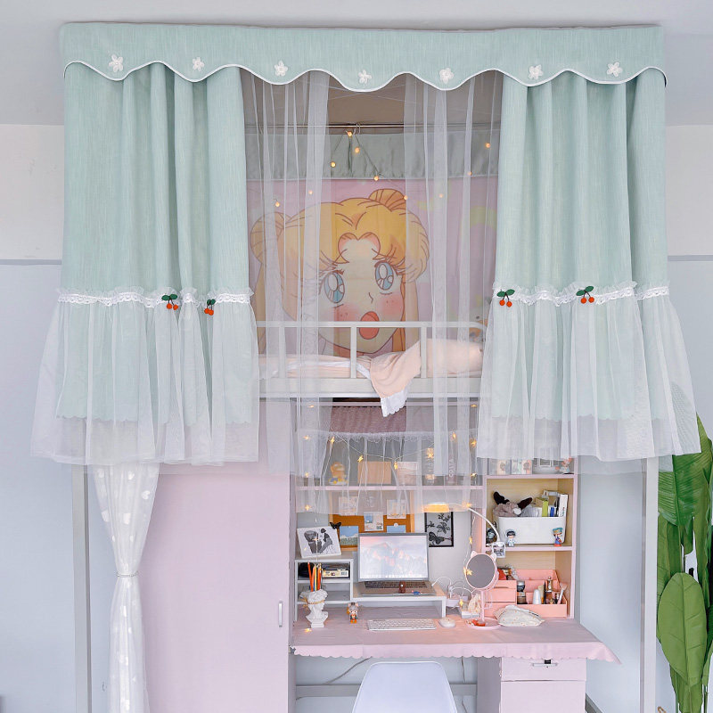 大学生宿舍床帘遮光防尘寝室上下铺女ins樱桃清新绿色蚊帐一体式