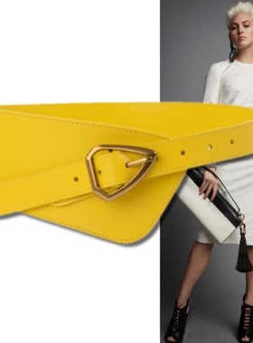 黄色牛皮不对称8厘米宽腰带时髦收腰女大衣腰封毛衣连衣裙宽皮带