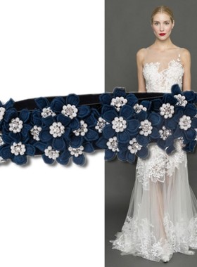 法式优雅藏蓝色花朵装饰宽腰带连衣裙礼服配饰女弹力4厘米宽腰封