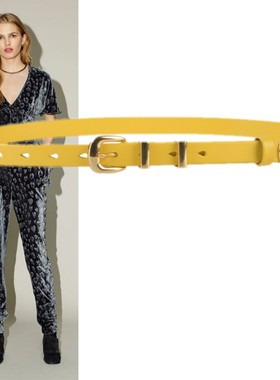 黄色真皮装饰细腰带牛皮风衣羽绒服短裤牛仔裤女式1.8厘米小皮带