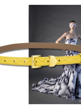 黄色菱格1.9厘米装饰腰带小香风女羽绒服风衣西装大衣真皮小皮带