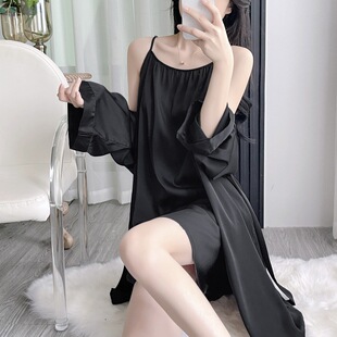 睡袍女士睡衣 吊带冰丝睡裙纯欲风诱惑冰丝长袖 2025春夏季 性感薄款