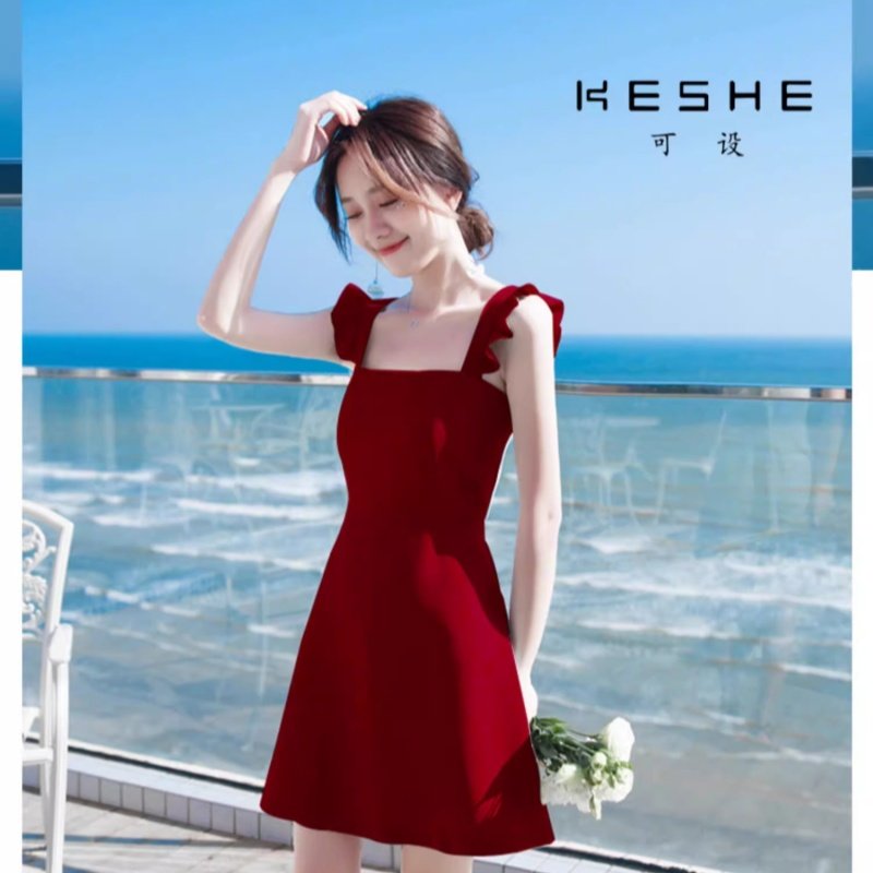 夏天小个子方领吊带红白色茶歇BT棉质针织弹性低胸露背初恋背心裙