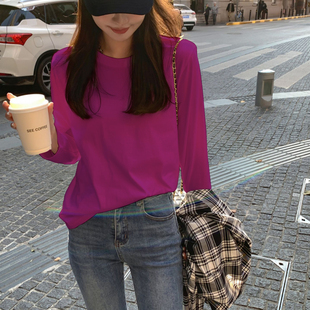 树莓色打底衫女入秋内搭棉质小个子修身2025减龄上衣圆领长袖t恤