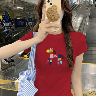 纯棉红色t恤女短袖2025年夏季新款修身气质圆领体恤正肩纯欲上衣