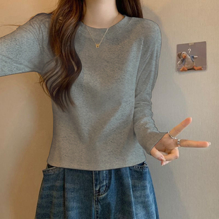 棉质纯色长袖 圆领灰色百搭打底衫 内搭韩版 秋装 t恤上衣 女2025新款