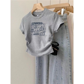 t恤女设计感褶皱收腰短款 2025夏季 新款 短袖 小个子150修身 纯棉上衣