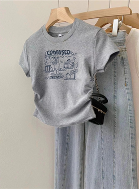 短袖t恤女设计感褶皱收腰短款2025夏季新款小个子150修身纯棉上衣